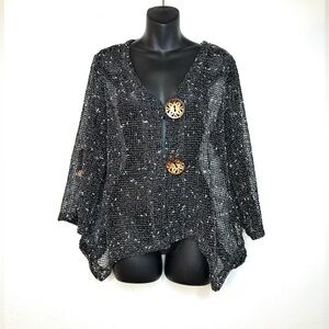 Nina Leonard Women’s Blouse XL Black Large Wooden Buttons Art to Wear Lagenlook